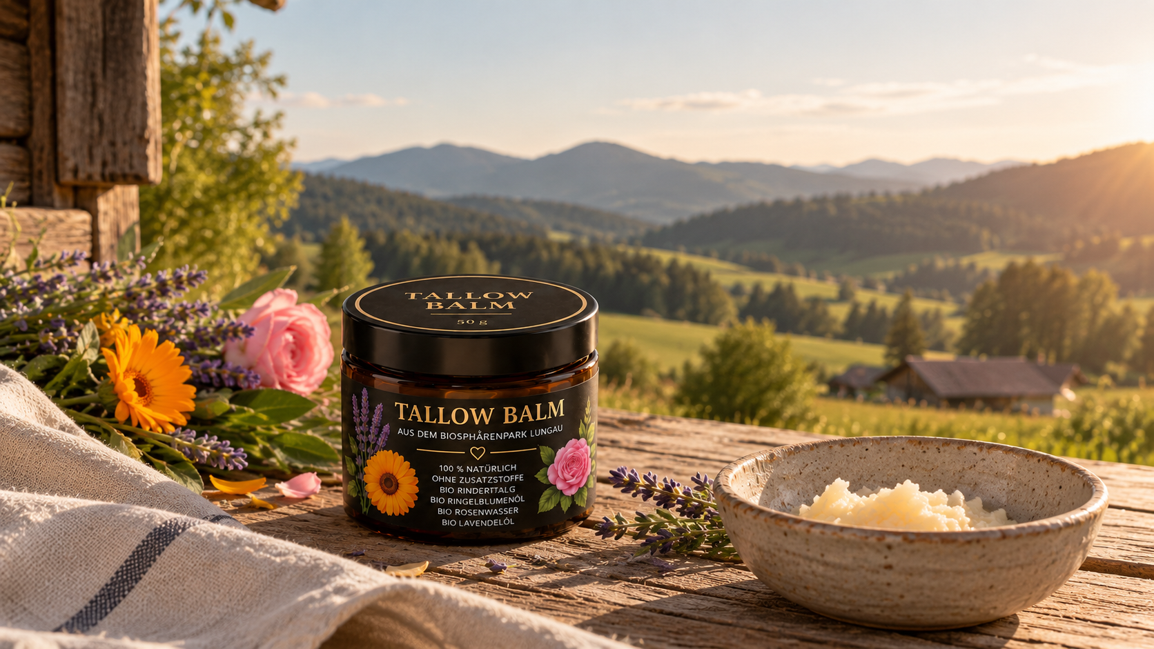 Tallow Balm im Braunglastiegel auf verwittertem Holz, umgeben von Lavendel, Ringelblume und Rose, vor einer alpinen Landschaft