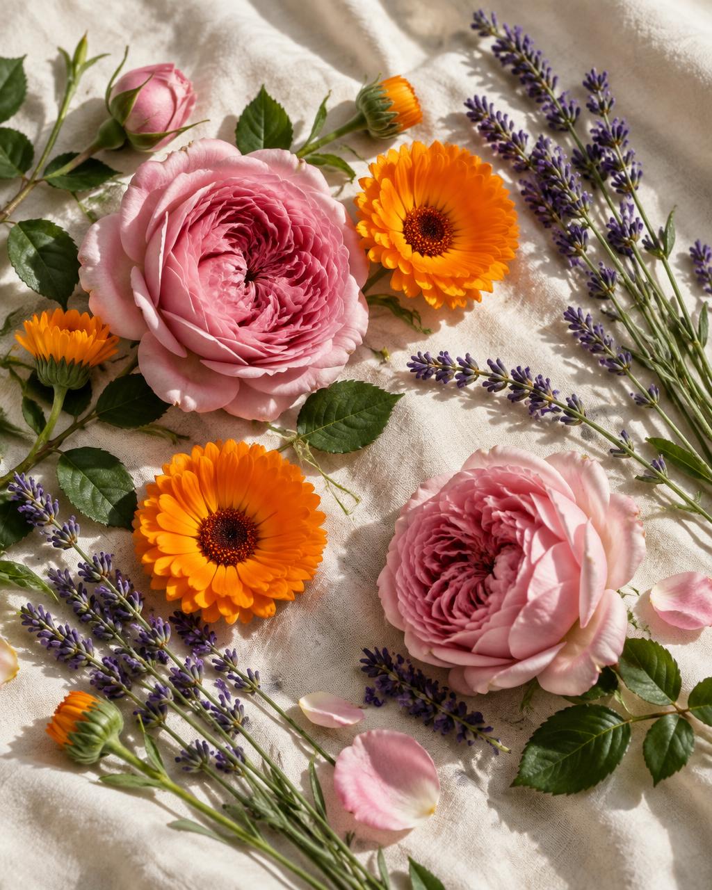 Die botanischen Zutaten: Ringelblume, Rose und Lavendel